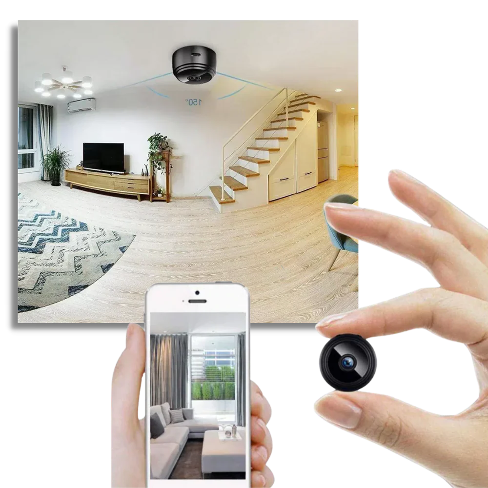 Smart home wireless security camera; compact design for easy setup & motion detection alerts.