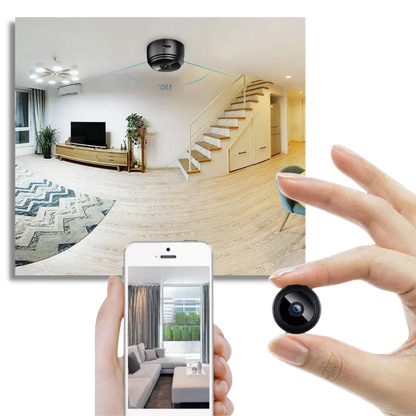 Smart home wireless security camera; compact design for easy setup & motion detection alerts.