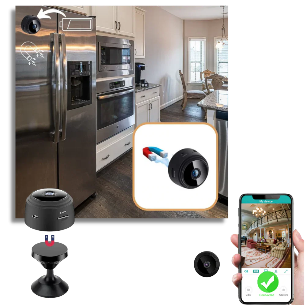 Discreet wireless surveillance camera, small & easy to hide for effective home security monitoring.