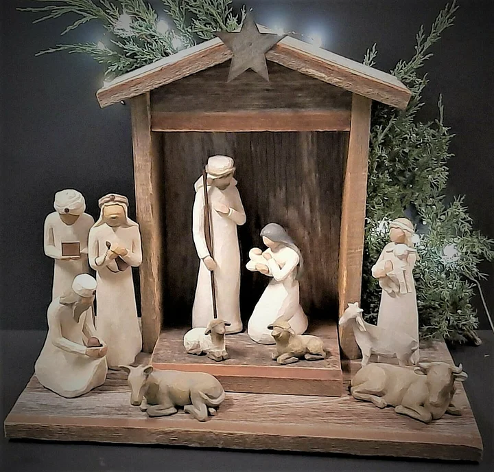 Detailed 20-piece Nativity scene figures, including Mary, Joseph, baby Jesus. Perfect handmade Christmas holiday decor.