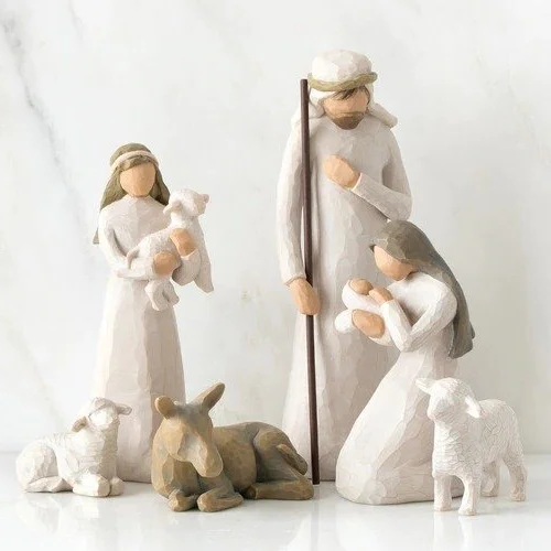 Handmade barn wood creche with 20 religious Nativity figures, bringing traditional Christmas spirit to your home.
