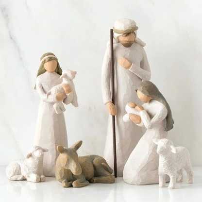 Handmade barn wood creche with 20 religious Nativity figures, bringing traditional Christmas spirit to your home.