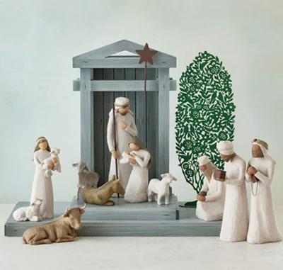 Complete 20-piece Nativity figures set with a rustic barn wood creche, perfect for traditional Christmas religious decor.