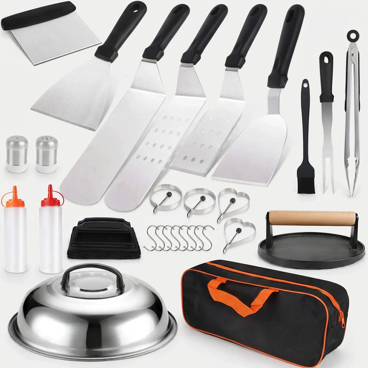 29-piece stainless steel grilling tool set with spatula & tongs, ideal for outdoor BBQ and camping.