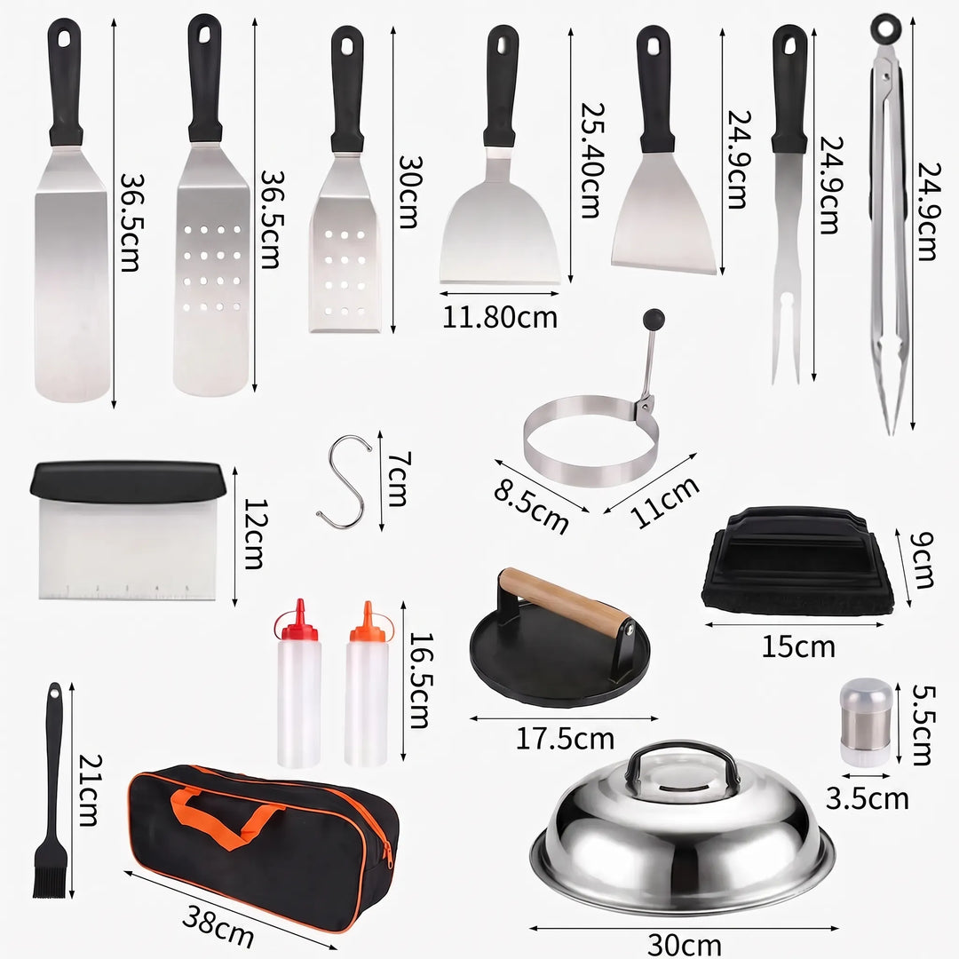 Comprehensive 29-piece stainless steel outdoor BBQ grill accessory set for all your grilling needs.