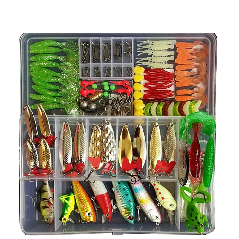 Complete fishing lure kit with various hard and soft baits for freshwater and saltwater fishing