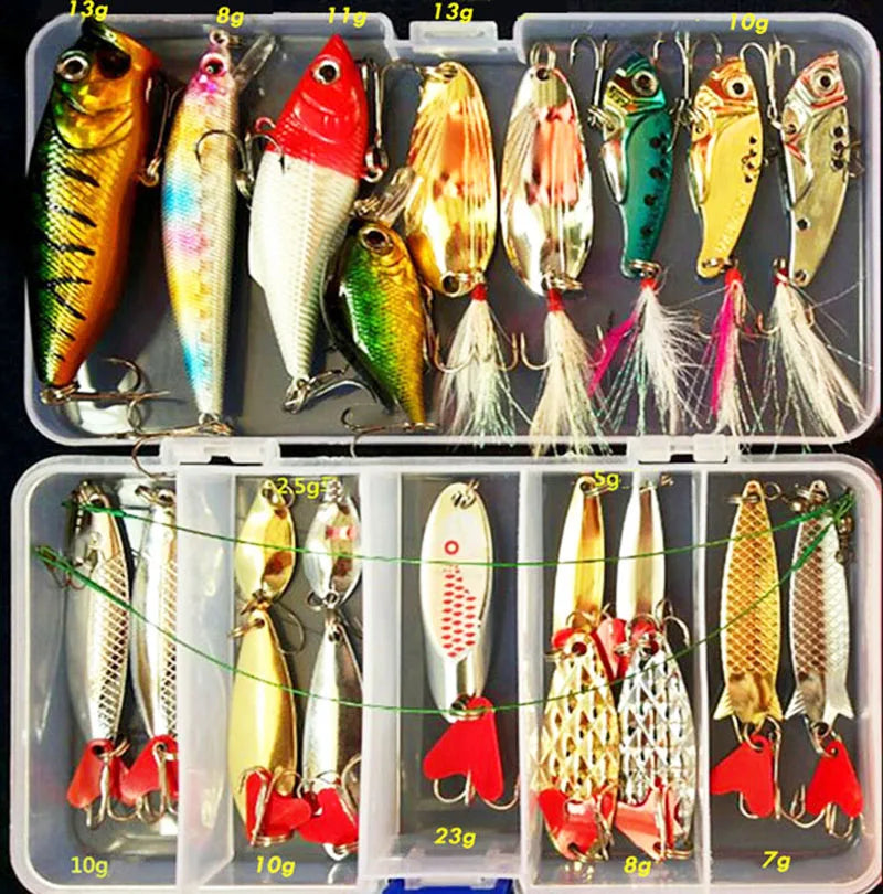 Studio shot of the all-in-one fishing lure kit, displaying its contents clearly