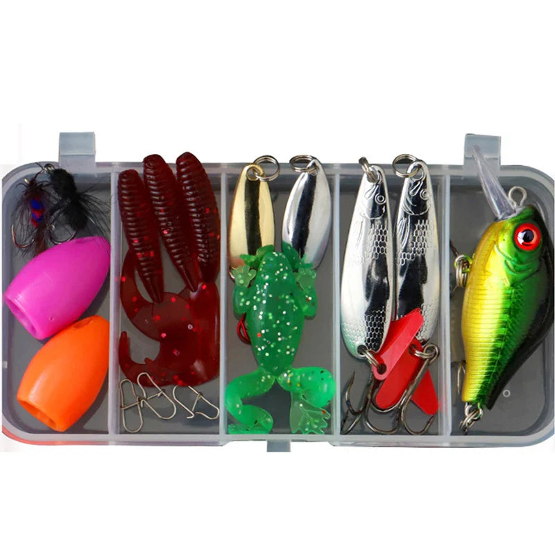 Comprehensive fishing lure set, ideal for freshwater & saltwater anglers, in a tackle box