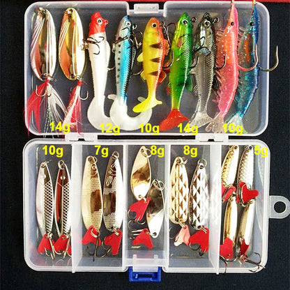 Assorted fishing lures for diverse fishing conditions, shown in an open tackle kit