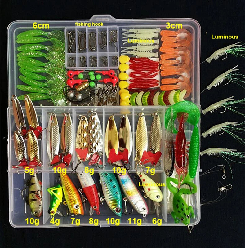 Open fishing lure kit, showcasing an array of fishing baits and accessories for anglers