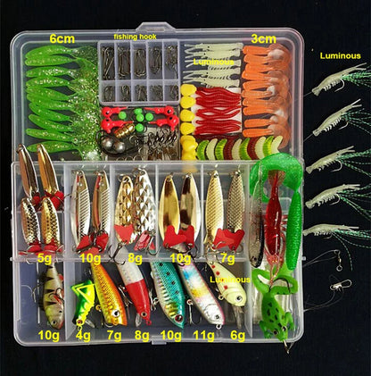 Open fishing lure kit, showcasing an array of fishing baits and accessories for anglers