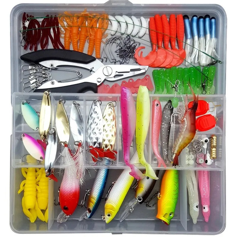 Hand holding a fishing lure kit, highlighting its portability and variety for fishing trips