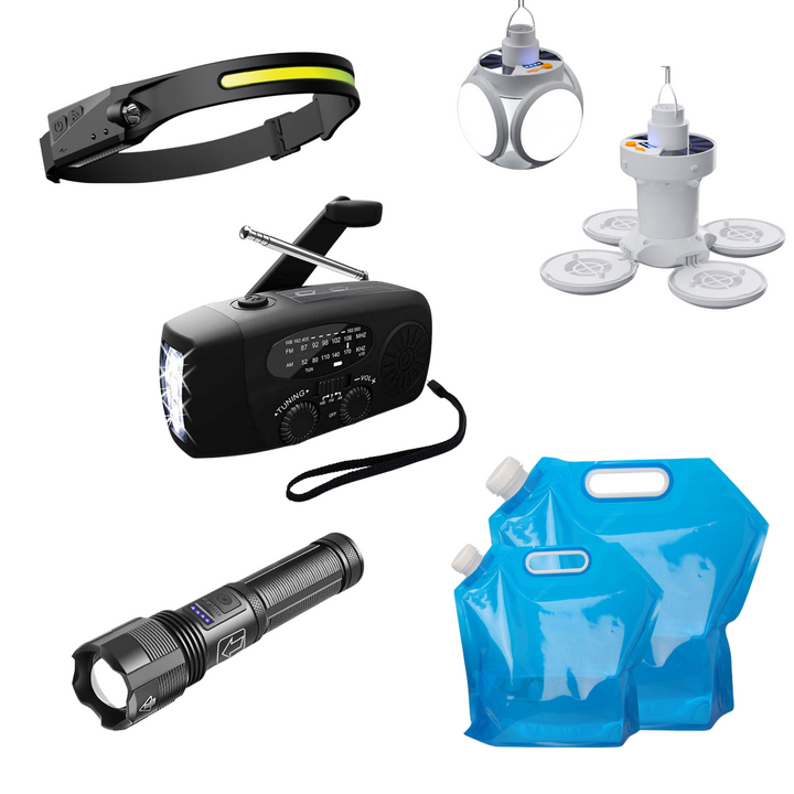 Comprehensive emergency survival & first aid kit for outdoor activities like camping & hiking, showing organized contents.