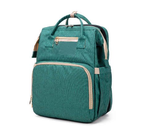 Convertible baby diaper backpack with integrated foldable bassinet & changing station. Perfect for new parents.