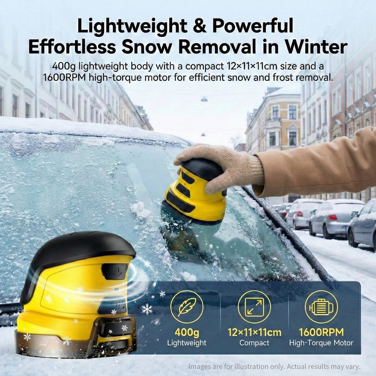 Ergonomic cordless electric ice scraper, designed for efficient car window de-icing in winter.