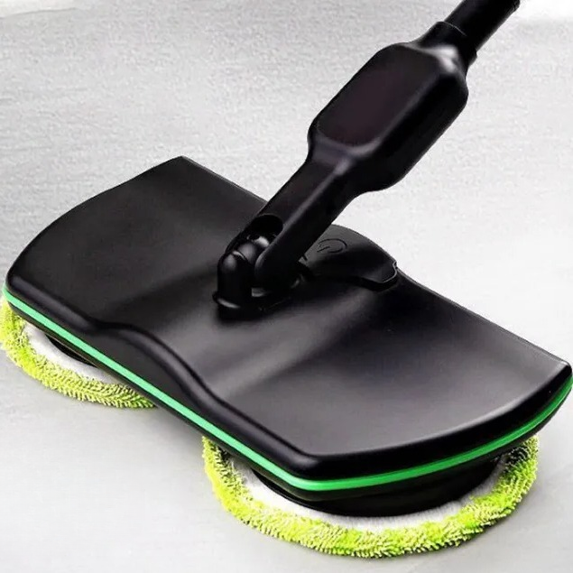 Powerful cordless electric spin mop cleaning wood & tile floors. Efficient floor scrubber with waxing function.