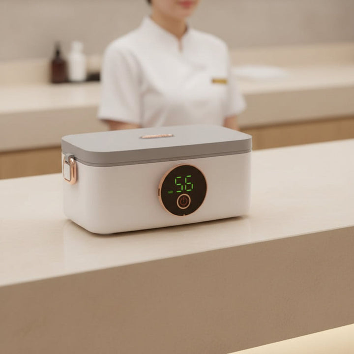 Portable electric food warmer. A cordless heated lunch box for warm meals anywhere, ideal for meal prep.