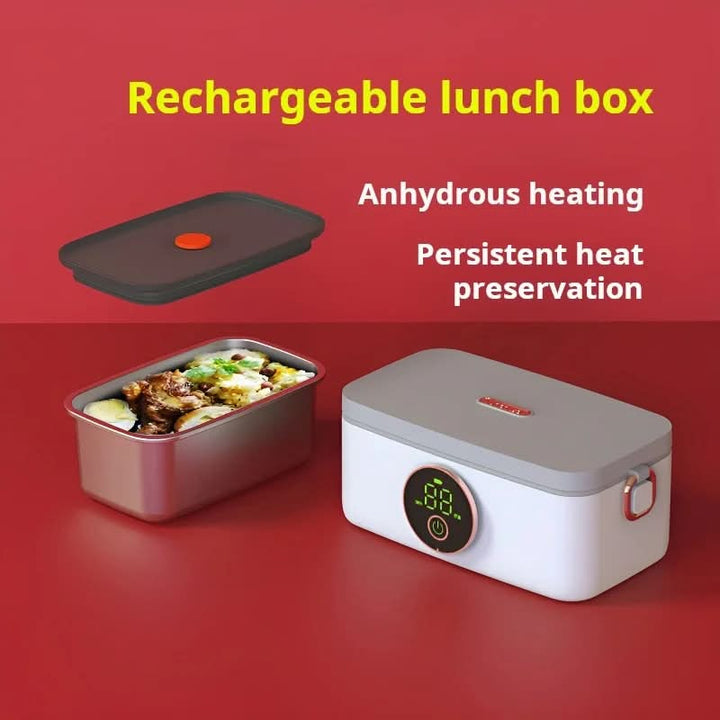 Sleek stainless steel heated lunchbox. This cordless food container keeps your on-the-go meals warm.