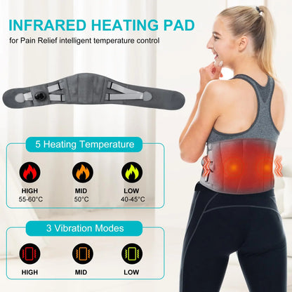 Adjustable heating pad and lower back massager. Targets pain relief with infrared heat & vibration for muscle relaxation.
