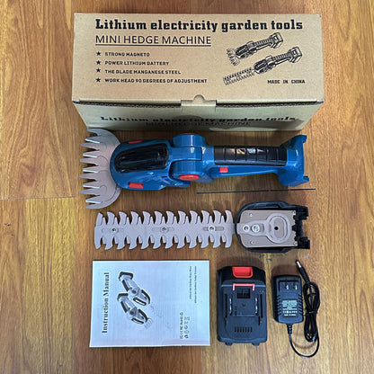 Rechargeable mini bush trimmer next to a freshly trimmed hedge, illustrating its use