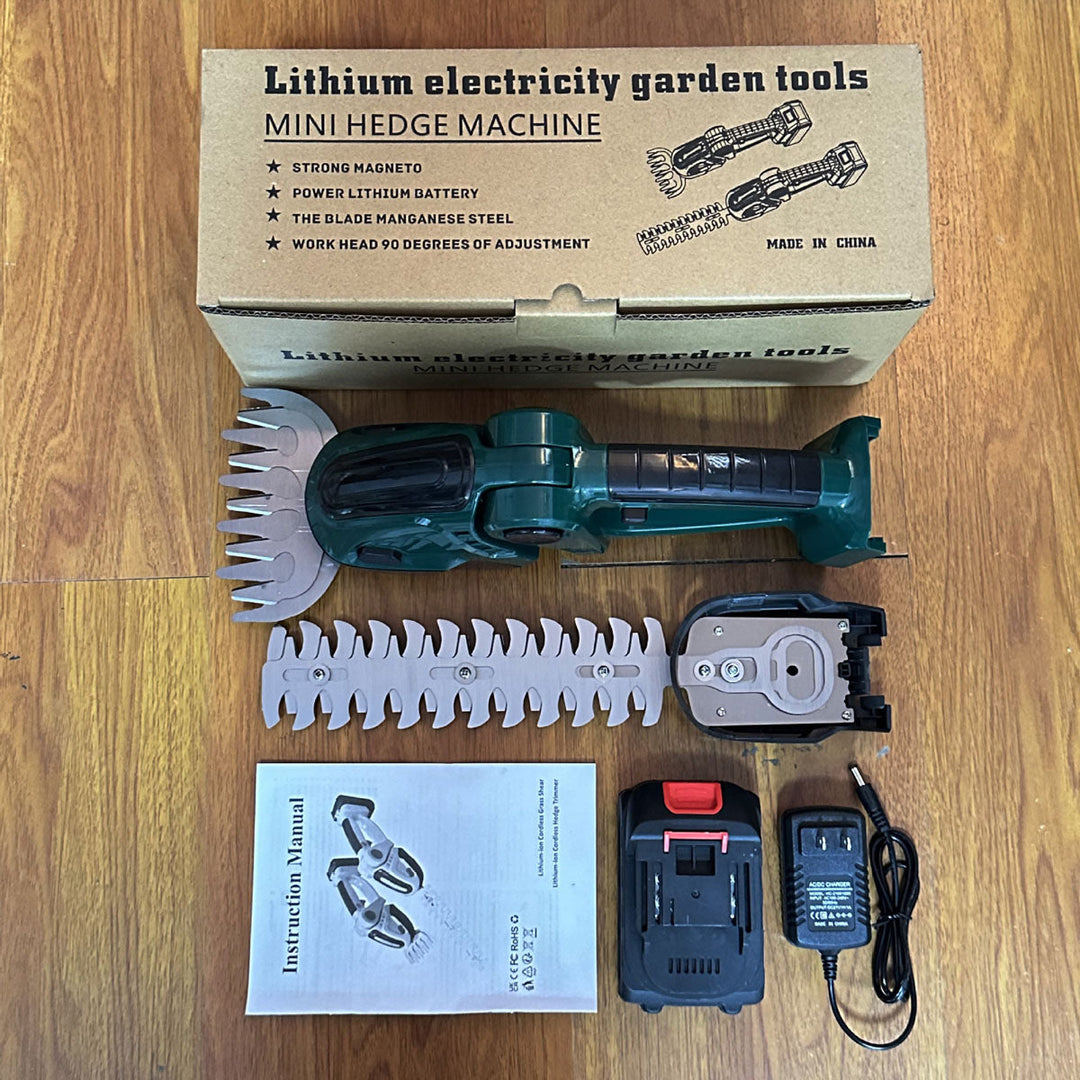 Display of the mini electric hedge trimmer and its included charging accessories