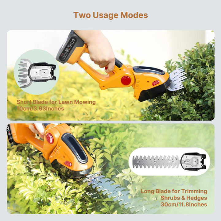 Close-up of the blades of a cordless mini hedge trimmer, showing its cutting capability