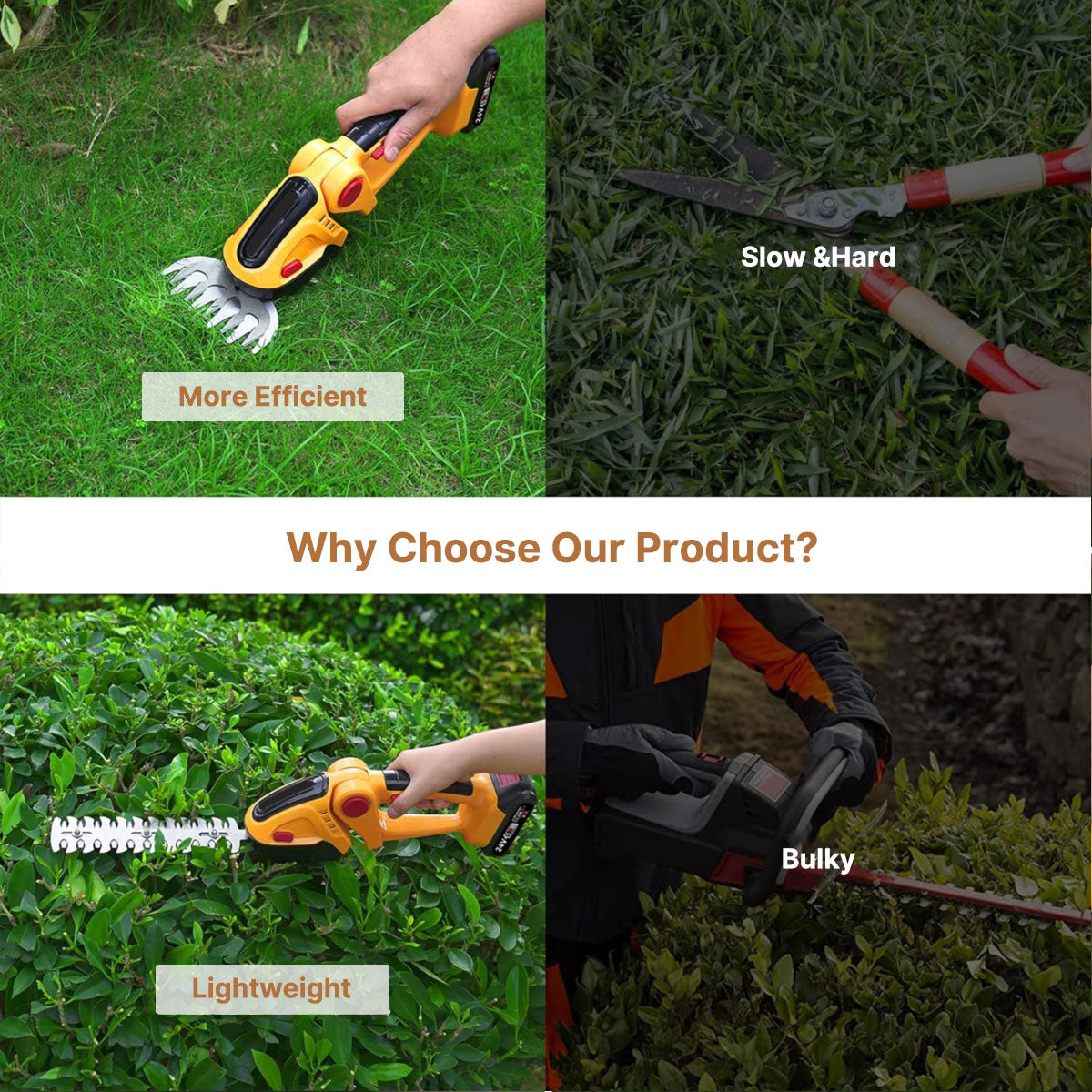 User operating a mini rechargeable hedge trimmer to neaten garden bushes