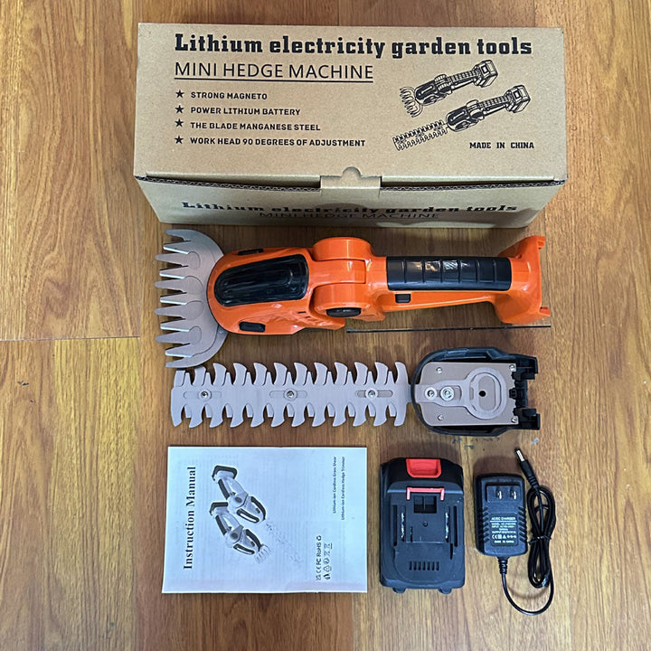 Cordless electric hedge trimmer showcasing its compact design and powerful performance