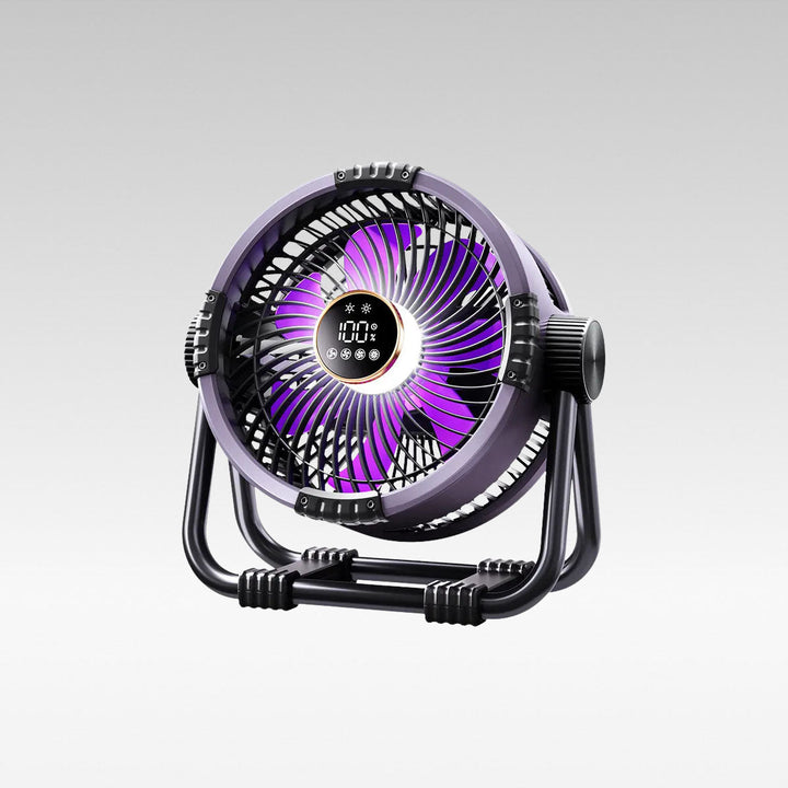 Cordless outdoor camping fan with LED light. Portable, rechargeable, 20000mAh battery for outdoor gear.