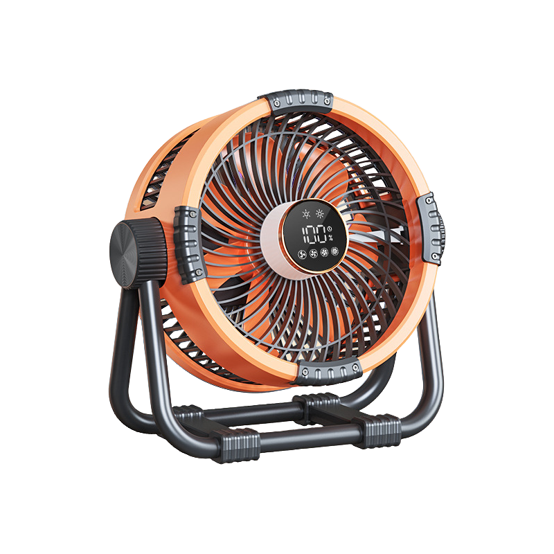 Rechargeable outdoor fan with powerful airflow, integrated LED light. Ideal portable fan for camping & outdoor use.