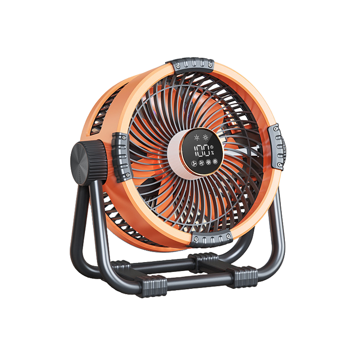 Rechargeable outdoor fan with powerful airflow, integrated LED light. Ideal portable fan for camping & outdoor use.