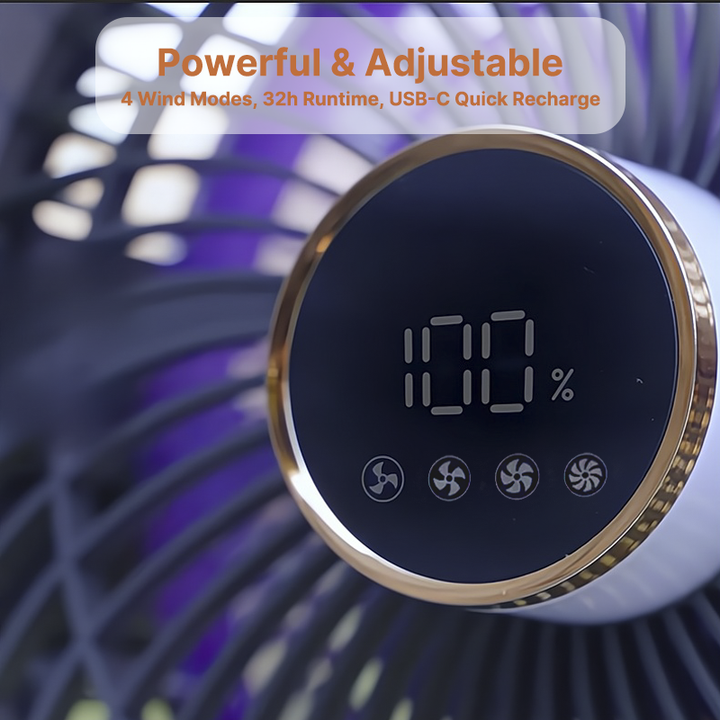 Portable camping fan, battery operated, with bright LED for nighttime. Essential outdoor gear, 20000mAh.