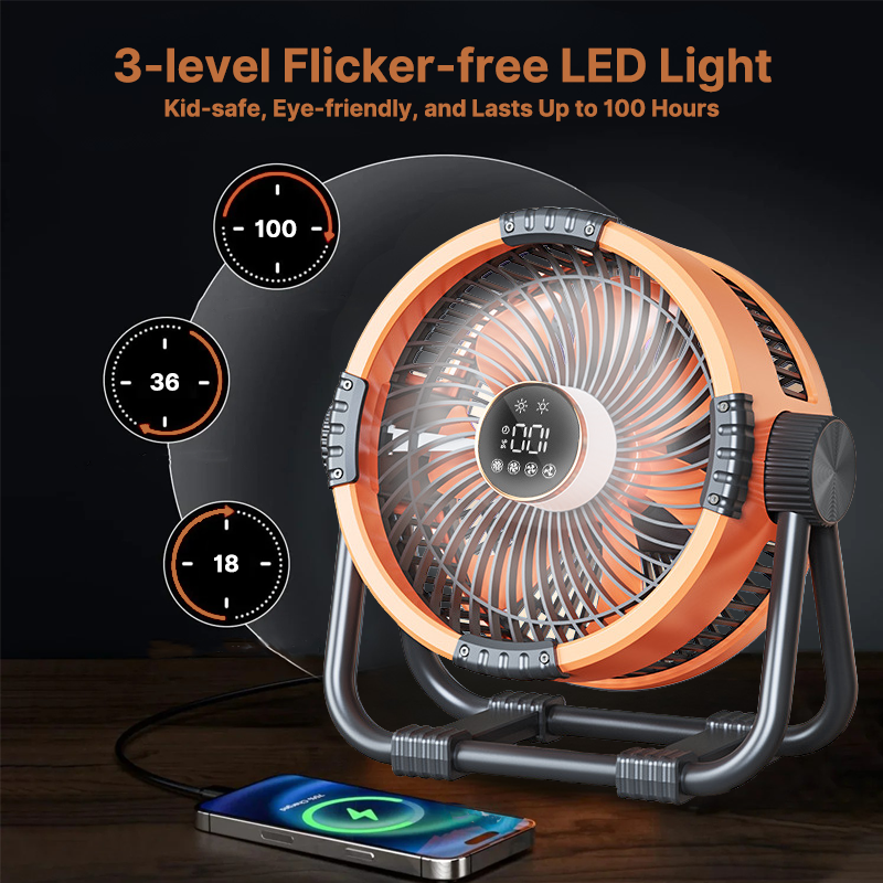Cordless outdoor fan with LED illumination. Rechargeable & portable, perfect for refreshing camping experiences.