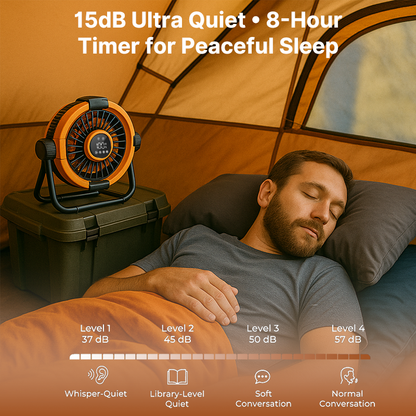 Outdoor fan featuring an LED light. Battery operated, 20000mAh, offering cool comfort & light for camping.