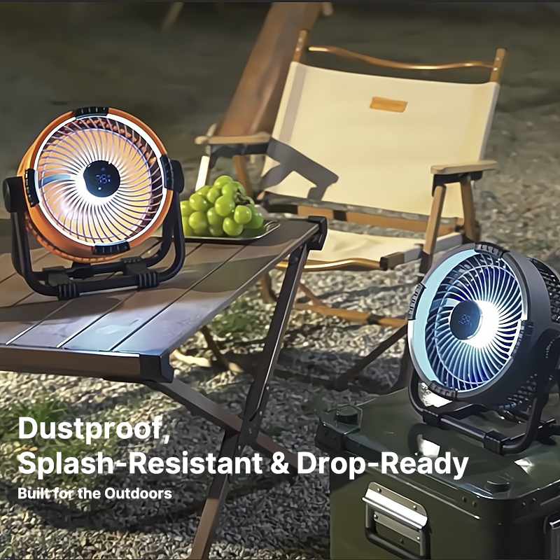 Cordless camping fan with bright LED light. A versatile, portable, battery-operated fan for all outdoor gear needs.