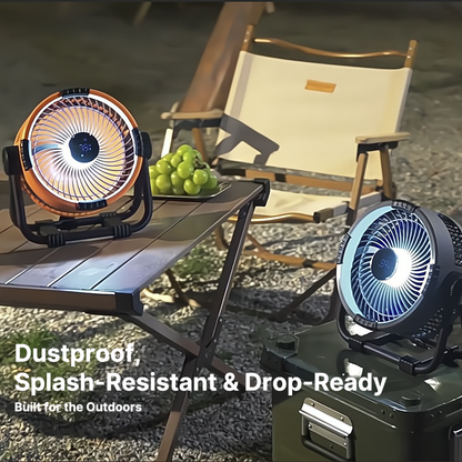 Cordless camping fan with bright LED light. A versatile, portable, battery-operated fan for all outdoor gear needs.
