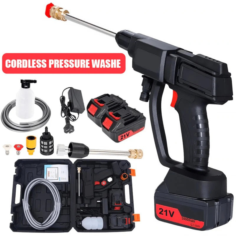 Cordless portable high pressure washer with 2 batteries for efficient outdoor cleaning.
