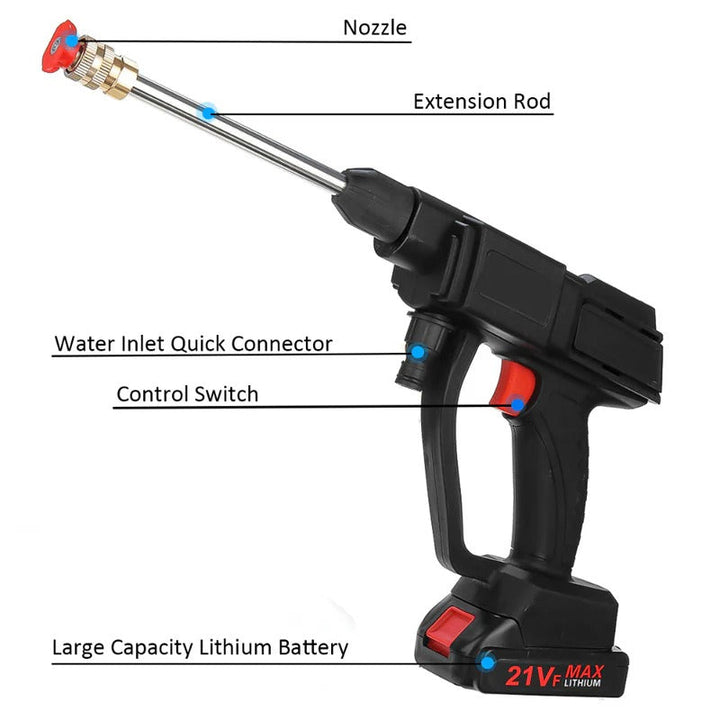 Ergonomic portable power washer, battery operated, designed for effective outdoor cleaning tasks.