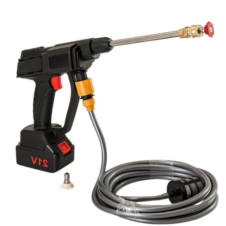 Cordless car wash pressure cleaner, high pressure output, includes two batteries for extended use.