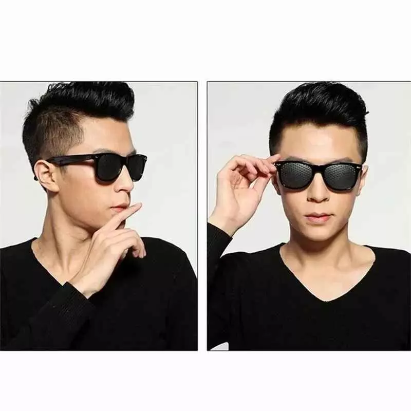 Black pinhole glasses for astigmatism, nearsightedness & farsightedness; supports natural eye care.
