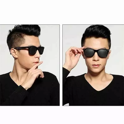 Black pinhole glasses for astigmatism, nearsightedness & farsightedness; supports natural eye care.