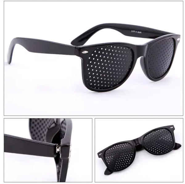 Front view of corrective pinhole glasses, enhancing eye focus and promoting natural vision improvement.