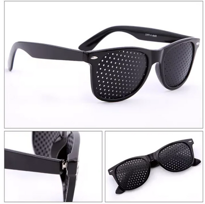 Front view of corrective pinhole glasses, enhancing eye focus and promoting natural vision improvement.