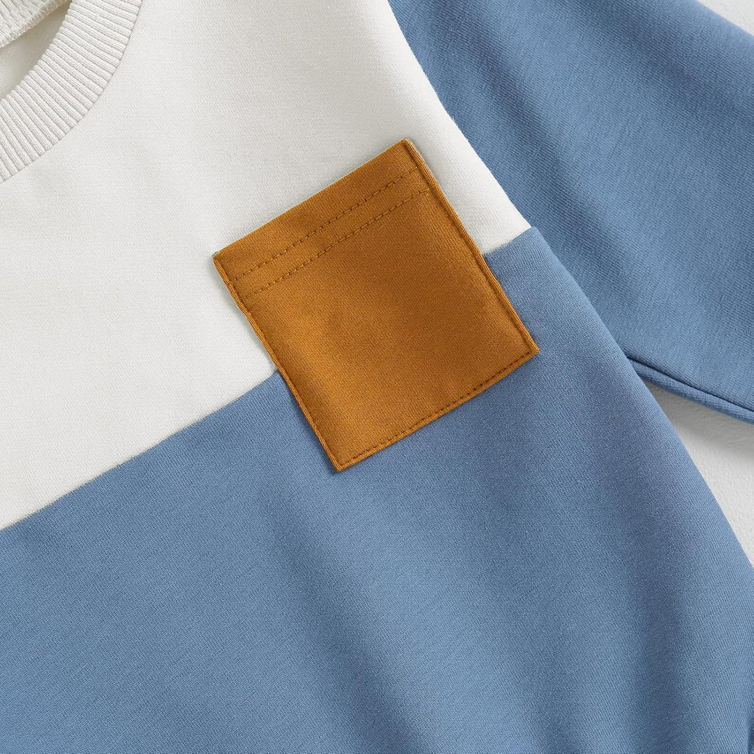 Warm infant playwear: contrast sweatshirt and jogger trousers for cold days.