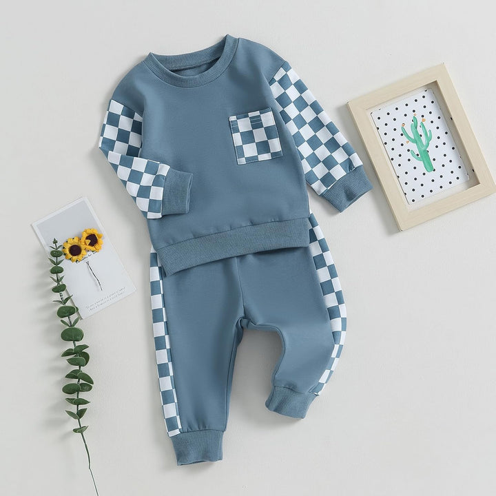 Baby's cozy winter playwear: contrasting sweatshirt & durable jogger bottoms.