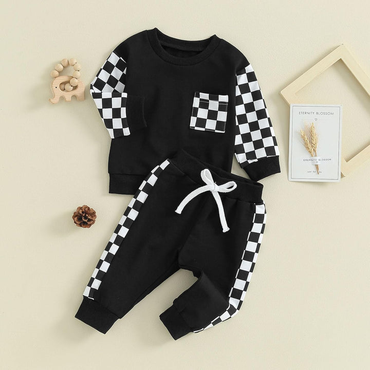 Bold contrast baby winter outfit, sweatshirt & soft jogger pants.