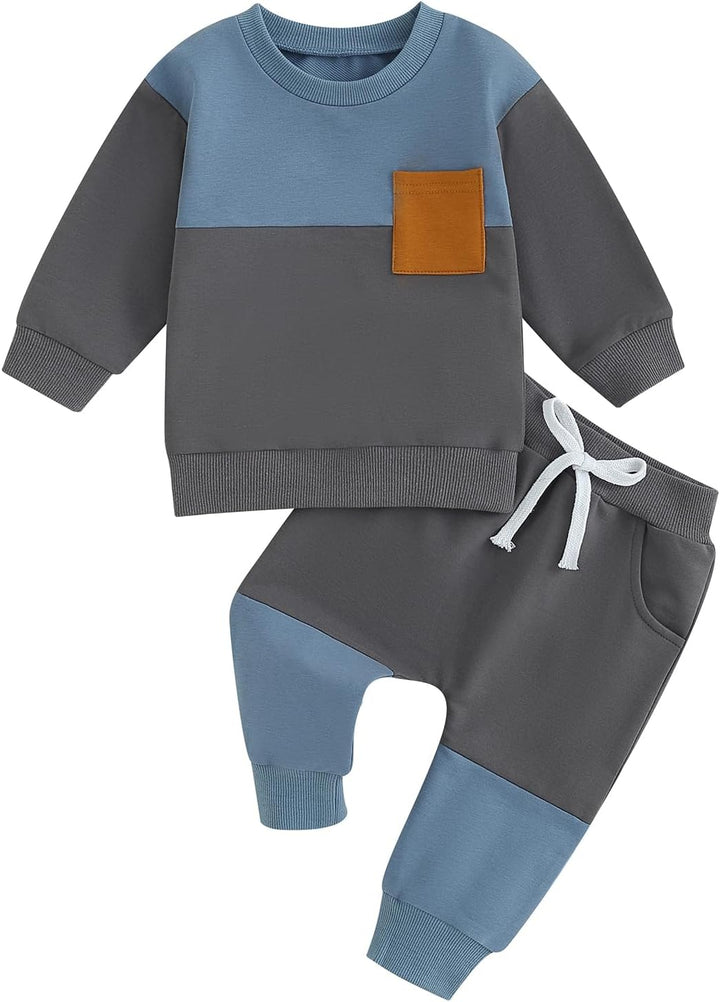 Children's warm winter wear: cozy contrast sweatshirt & practical jogger trousers.