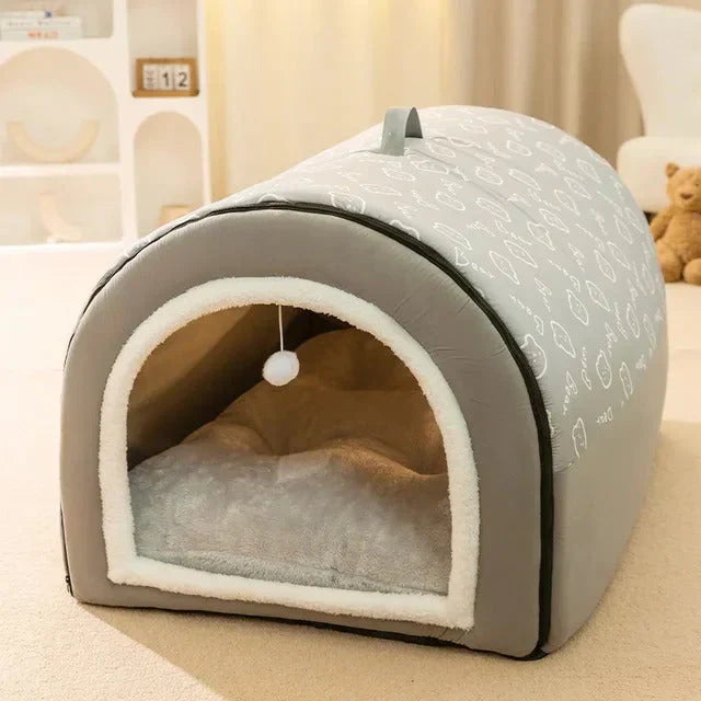 Cozy enclosed pet cave bed for cats & small dogs, offering a comfortable pet hideaway. Washable.
