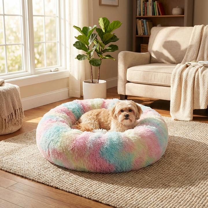 Cozy faux fur calming dog bed for anxiety relief & deep sleep, suitable for all sizes.