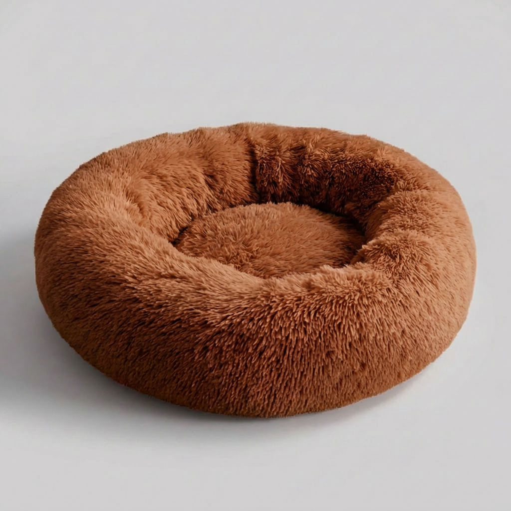 Washable calming dog bed with plush faux fur, providing deep sleep and anxiety relief.